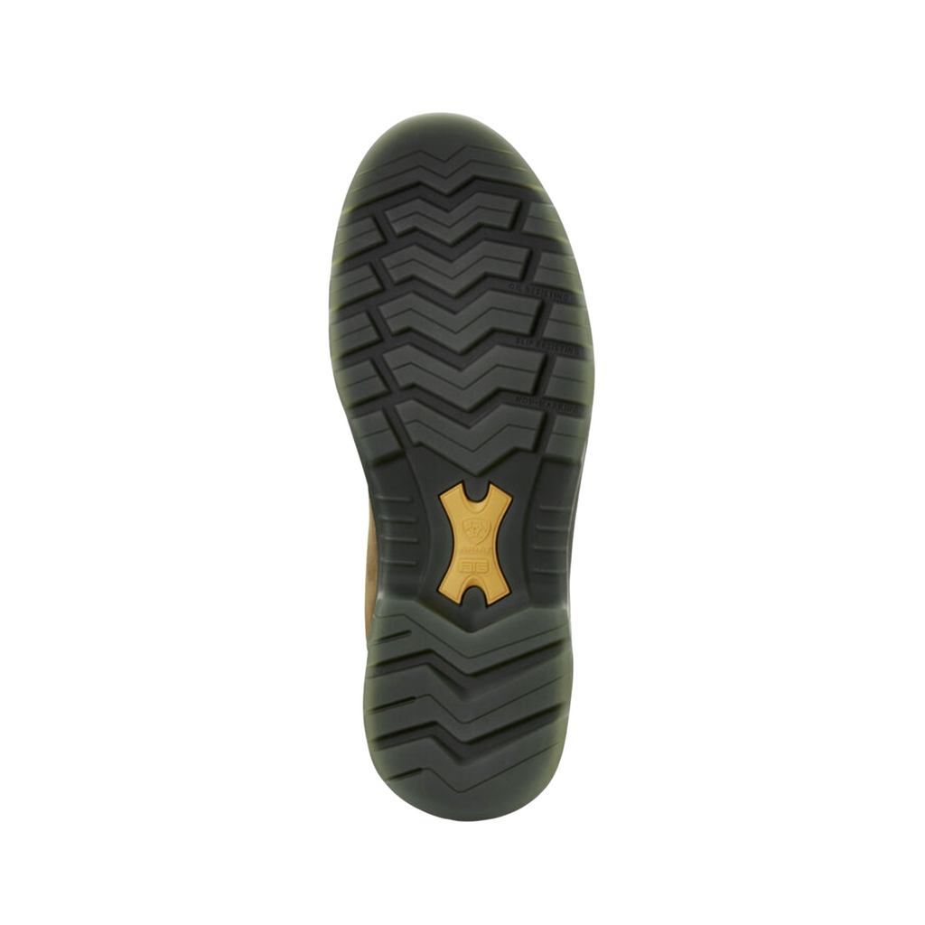 Ariat Men’s Turbo 6" Waterproof Carbon Toe Work Boot in Aged Bark bottom view featuring the lightweight Bantamweight™ oil- and slip-resistant outsole with rugged traction pattern engineered to provide exceptional grip, flexibility, stability, and confidence across demanding jobsite surfaces.
