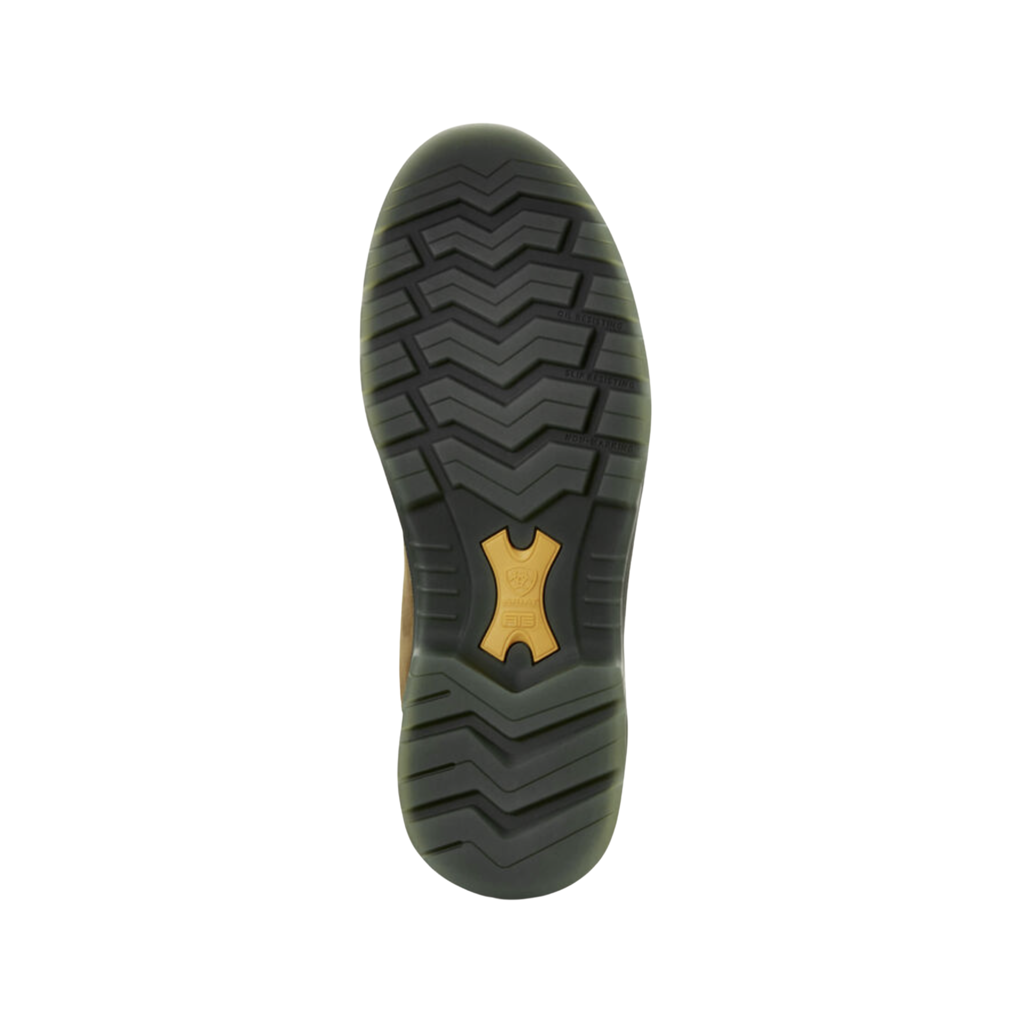 Ariat Men’s Turbo 6" Waterproof Carbon Toe Work Boot in Aged Bark bottom view featuring the lightweight Bantamweight™ oil- and slip-resistant outsole with rugged traction pattern engineered to provide exceptional grip, flexibility, stability, and confidence across demanding jobsite surfaces.