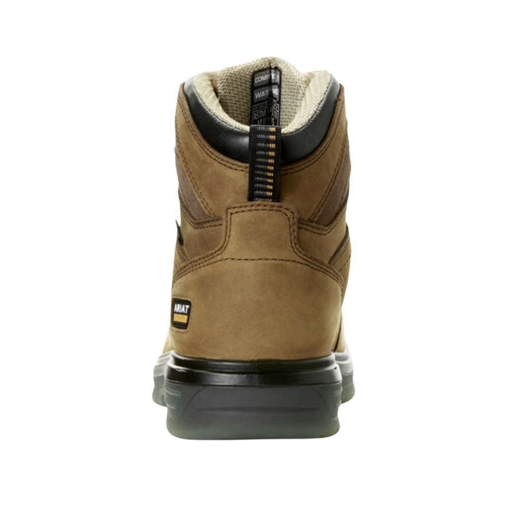 Ariat Men’s Turbo 6" Waterproof Carbon Toe Work Boot in Aged Bark rear heel view displaying the reinforced heel structure, padded ankle collar, supportive 6-inch shaft, premium leather construction, and durable outsole designed for stability and reduced fatigue during long workdays.