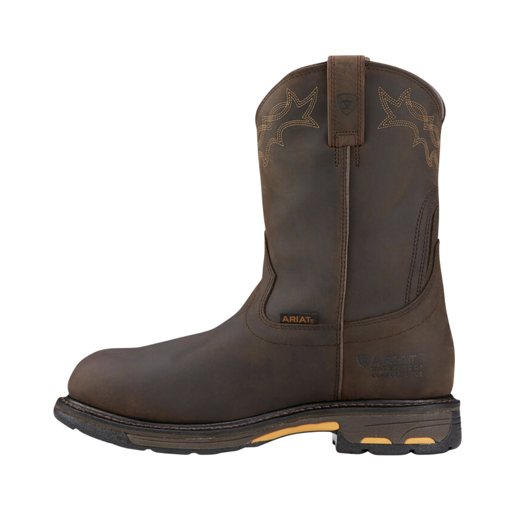 Ariat Men’s WorkHog H2O Pull-On Composite Toe Wellington Boot in Oily Distressed Brown side view showcasing the rugged leather 10-inch pull-on western design, composite safety toe protection, wide 2E fit, supportive heel, and ASTM-rated slip-resistant outsole built for demanding work environments.