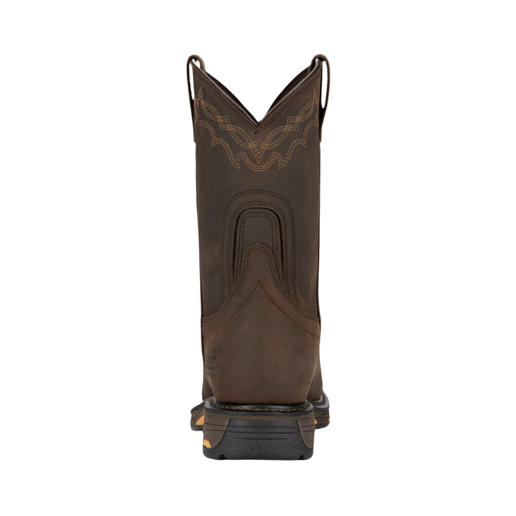 Ariat Men’s WorkHog H2O Pull-On Composite Toe Wellington Boot in Oily Distressed Brown rear heel view displaying the tall 10-inch shaft, reinforced heel structure, pull-on design, 1.5-inch heel, and durable outsole engineered for stability and support throughout long workdays.