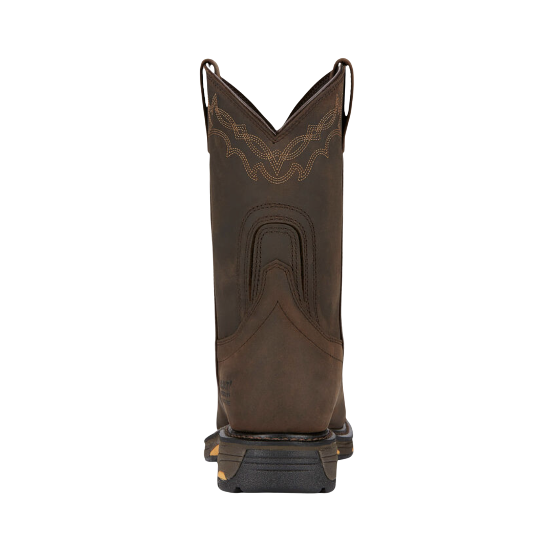 Ariat Men’s WorkHog H2O Pull-On Composite Toe Wellington Boot in Oily Distressed Brown rear heel view displaying the tall 10-inch shaft, reinforced heel structure, pull-on design, 1.5-inch heel, and durable outsole engineered for stability and support throughout long workdays.