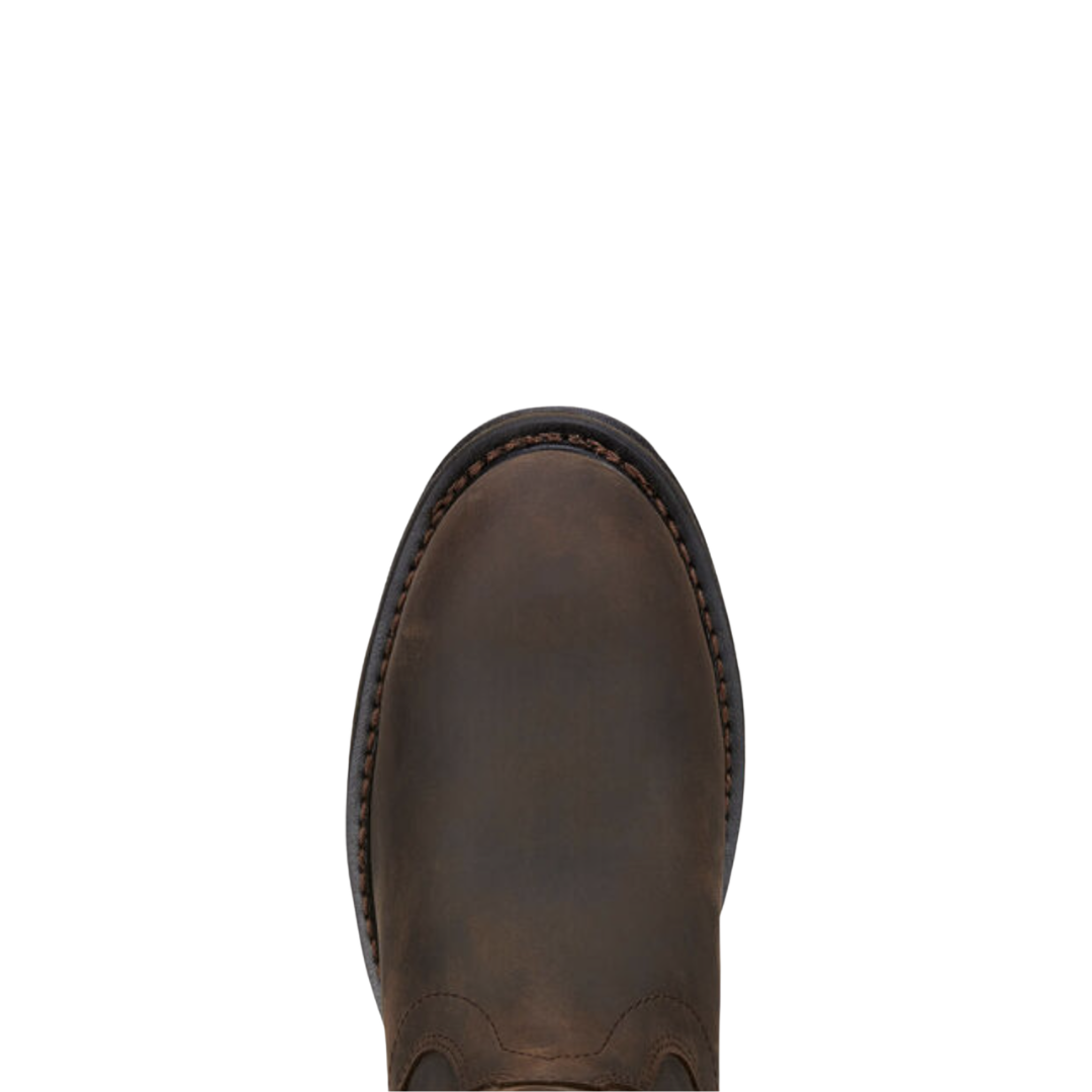 Ariat Men’s WorkHog H2O Pull-On Composite Toe Wellington Boot in Oily Distressed Brown top view showcasing the premium leather upper, easy pull-on opening, spacious roper toe design, cushioned interior, and supportive construction designed for extended standing, walking, and industrial work.
