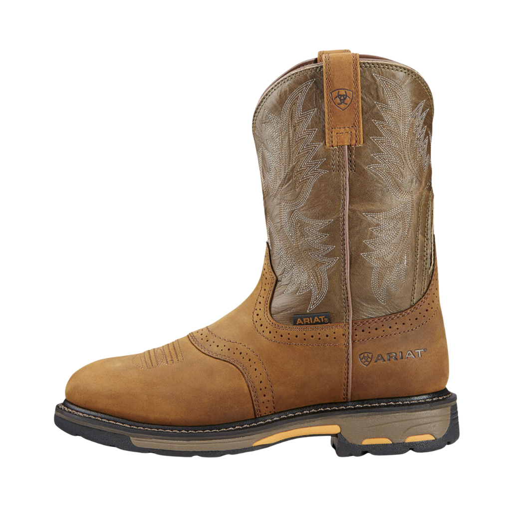 Ariat Men’s WorkHog Pull-On Soft Toe Wellington Boot in Aged Bark side view showcasing the durable leather 10-inch pull-on western design, soft toe construction, wide 2E fit, supportive heel, and ASTM-rated slip-resistant outsole built for ranch work, outdoor labor, and demanding job environments.