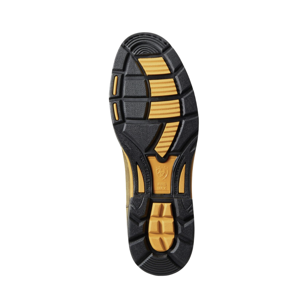 Ariat Men’s WorkHog Pull-On Soft Toe Wellington Boot in Aged Bark bottom view featuring the ASTM F3445 slip-resistant outsole with rugged traction pattern engineered to deliver reliable grip, side-to-side stability, and confidence on slick, oily, uneven, and challenging work surfaces.