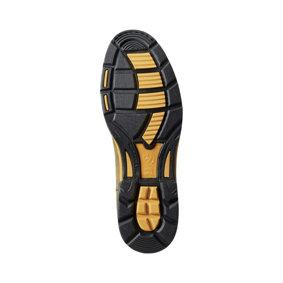 Ariat Men’s WorkHog Pull-On Soft Toe Wellington Boot in Aged Bark bottom view featuring the ASTM F3445 slip-resistant outsole with rugged traction pattern engineered to deliver reliable grip, side-to-side stability, and confidence on slick, oily, uneven, and challenging work surfaces.
