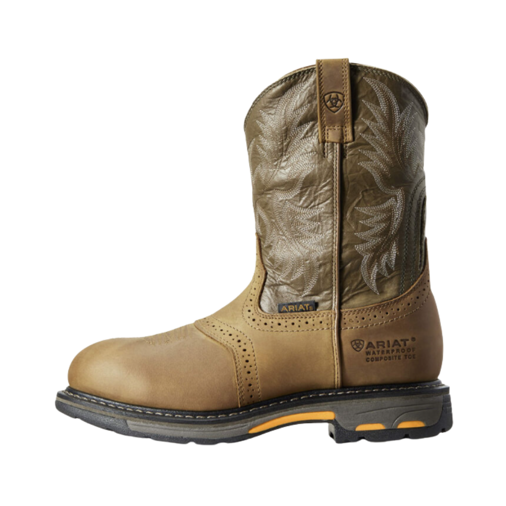 Ariat Men’s WorkHog® H2O Composite Toe Wellington Boot in Aged Bark side view showcasing the premium full-grain leather 10-inch pull-on construction, waterproof design, ATS MAX® technology, external heel protector, EVA cushioning midsole, and Duratread™ oil- and slip-resistant outsole built for rugged work environments.