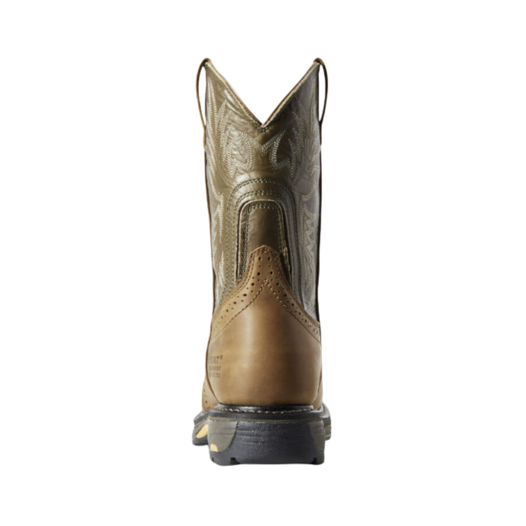 Ariat Men’s WorkHog® H2O Composite Toe Wellington Boot in Aged Bark rear heel view displaying the molded external heel protector, supportive heel structure, tall 10-inch shaft, durable leather construction, and traction-focused Duratread™ outsole designed for stability and long-lasting wear.