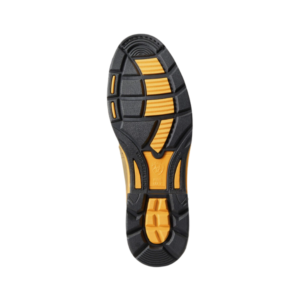 Ariat Men’s WorkHog® H2O Composite Toe Wellington Boot in Aged Bark bottom view featuring the Duratread™ outsole with oil-, slip-, and abrasion-resistant traction pattern engineered to provide dependable grip, flexibility, and durability on wet, muddy, and uneven jobsite surfaces.