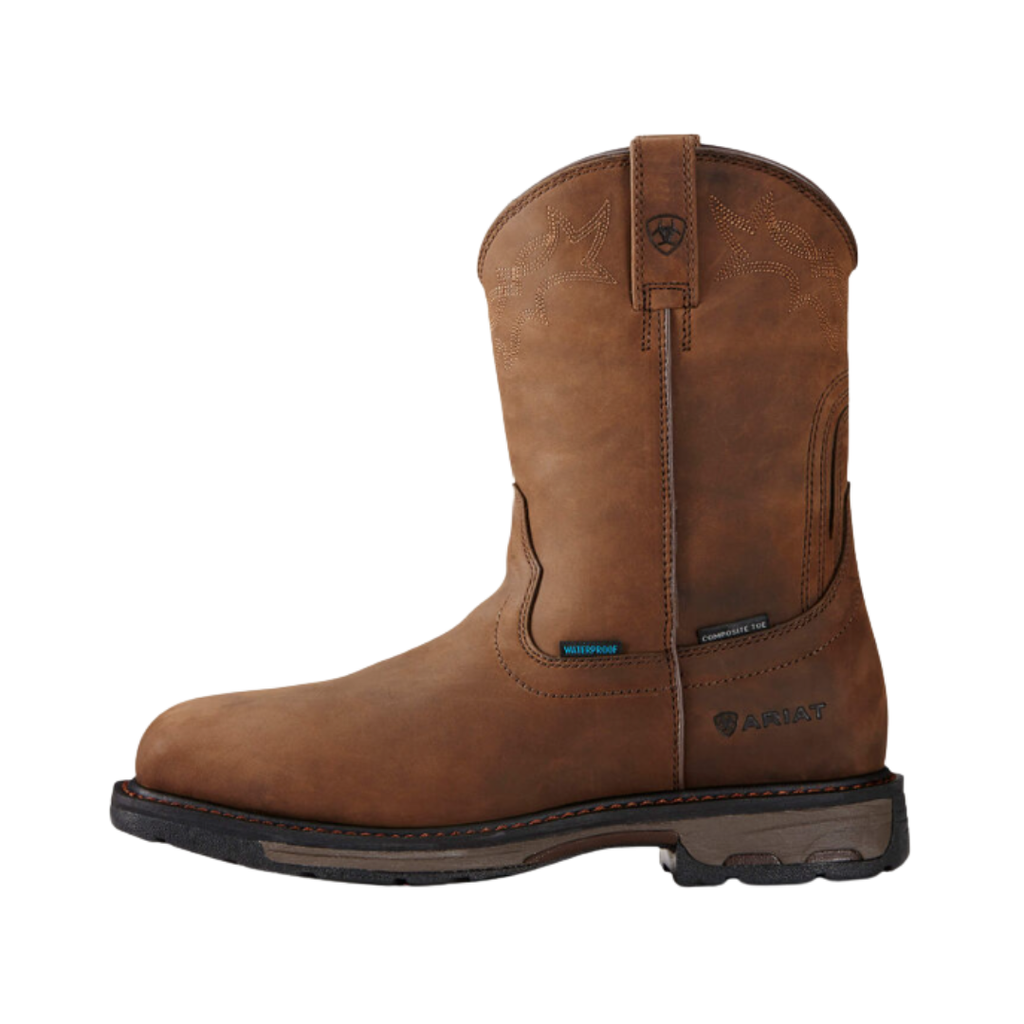 Ariat Men’s WorkHog Wellington H2O Composite Toe Boot in Oily Distressed Brown side view showcasing the premium leather 10-inch Wellington silhouette, DRYShield waterproof construction, ATS Max Technology, U-Turn Entry System, Goodyear Welt construction, and oil- and slip-resistant outsole designed for demanding work environments.