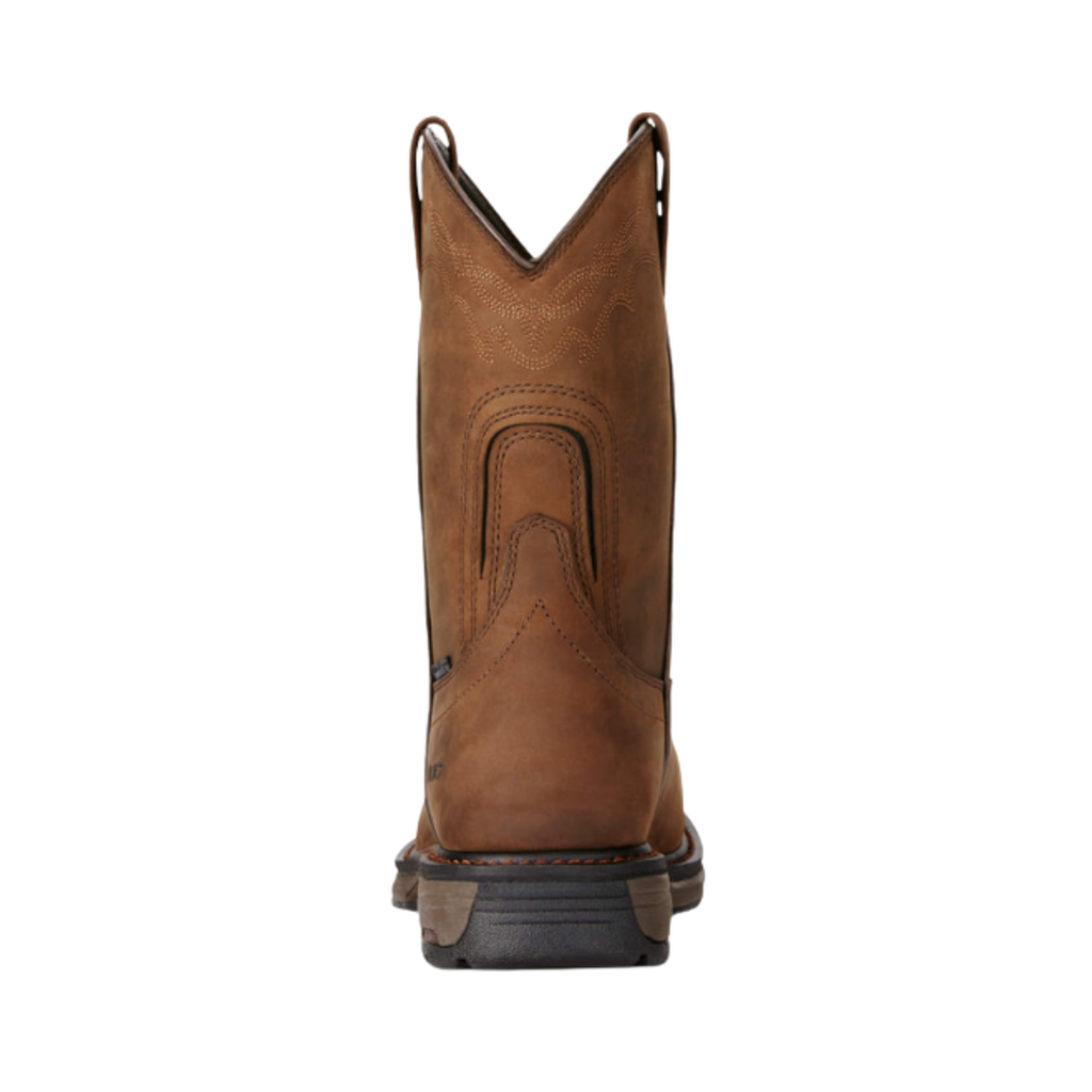Ariat Men’s WorkHog Wellington H2O Composite Toe Boot in Oily Distressed Brown rear heel view displaying the reinforced heel structure, supportive 90-degree heel, durable pull-on shaft, three-row stitch detailing, and rugged outsole designed for stability on ladders, uneven terrain, and demanding job sites.