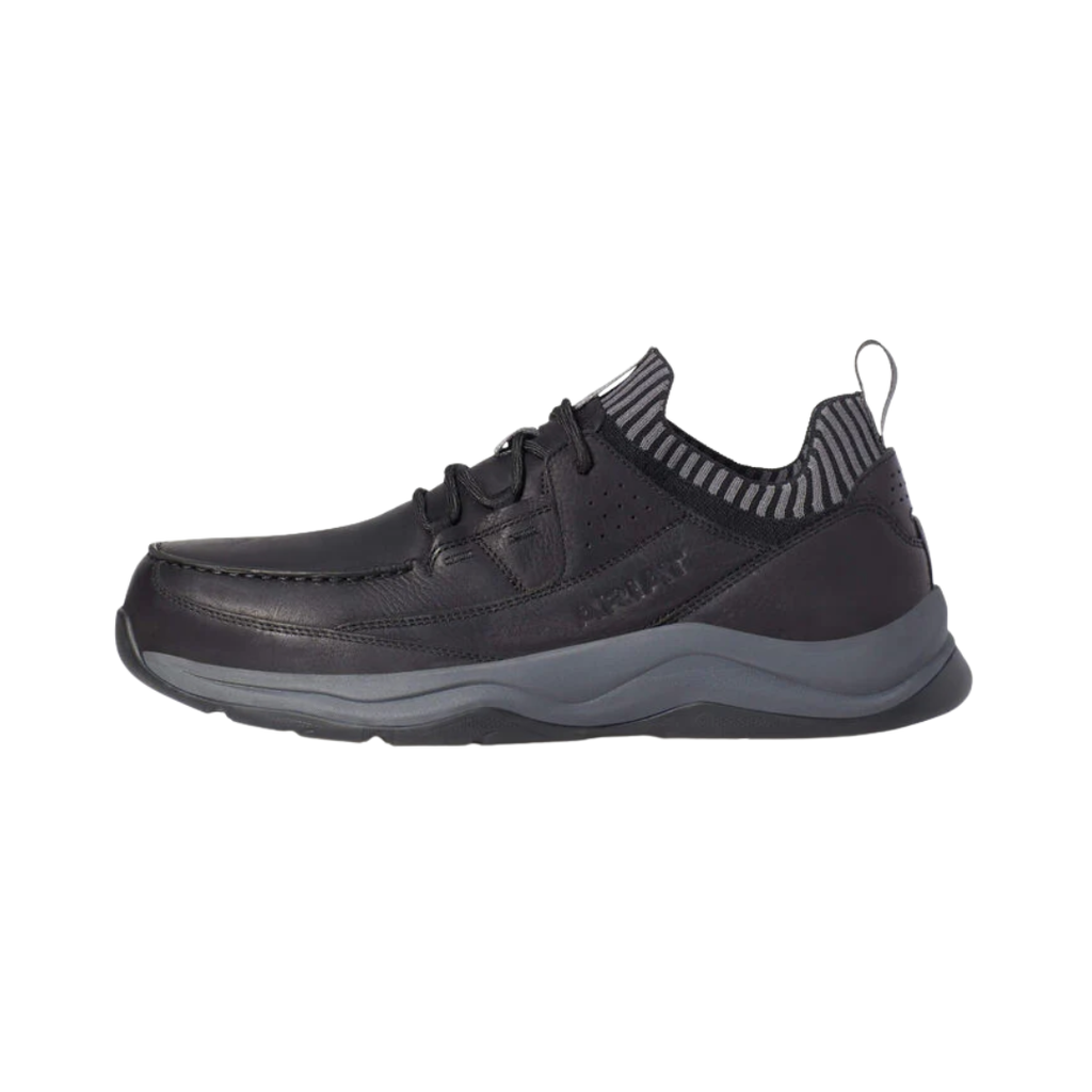 Ariat Men’s Working Mile Composite Toe Safety Shoe in Black side view showcasing the sleek athletic-inspired work shoe design, durable black upper, lightweight FLX Foam midsole, composite toe protection, and oil- and slip-resistant outsole built for long shifts in industrial and warehouse environments.