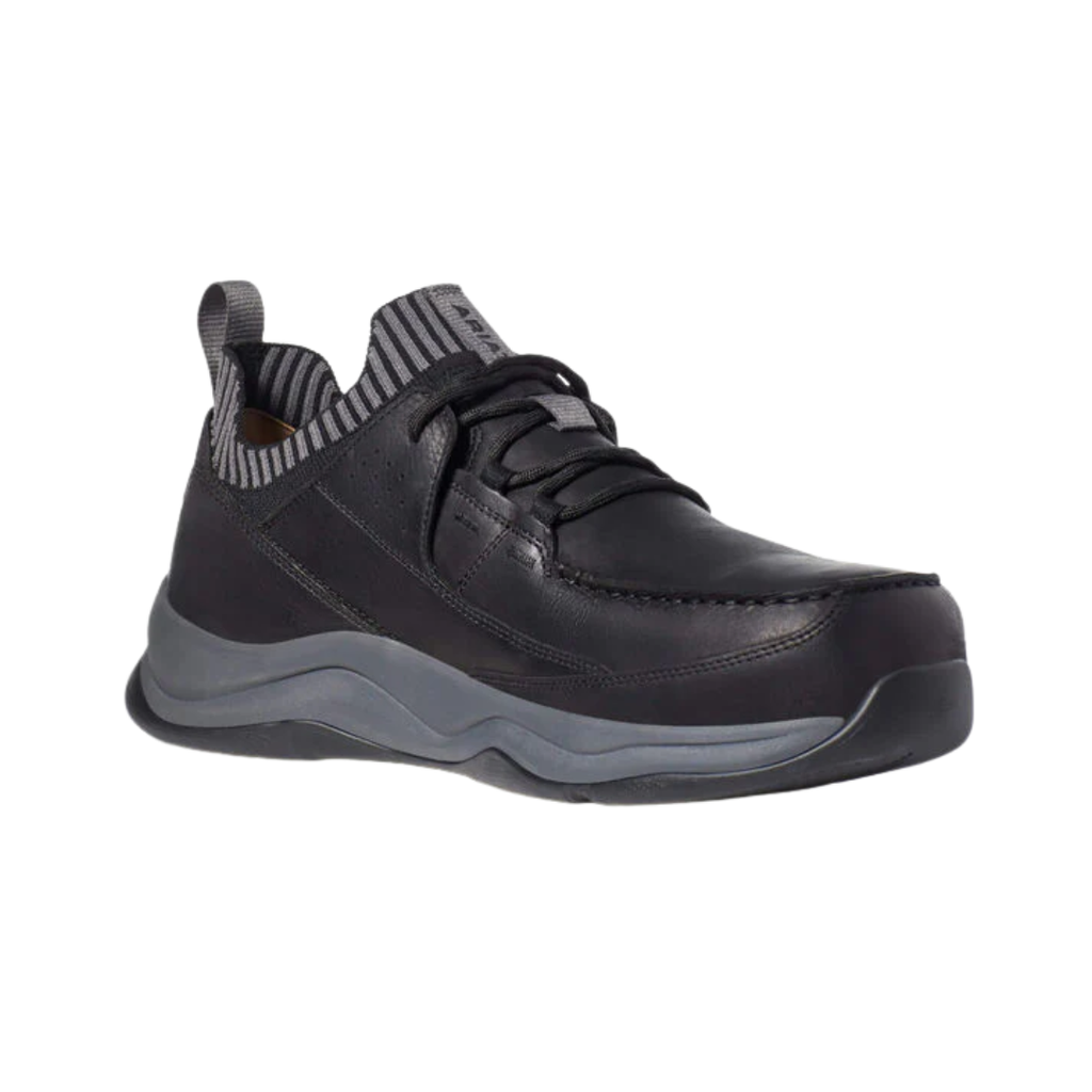 Ariat Men’s Working Mile Composite Toe Safety Shoe in Black side view showcasing the sleek athletic-inspired work shoe design, durable black upper, lightweight FLX Foam midsole, composite toe protection, and oil- and slip-resistant outsole built for long shifts in industrial and warehouse environments.