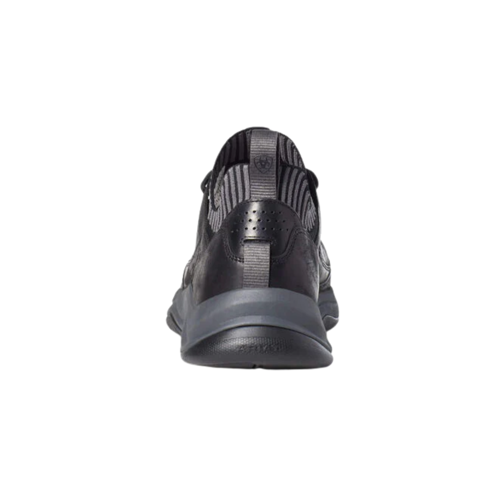 Ariat Men’s Working Mile Composite Toe Safety Shoe in Black rear heel view displaying the supportive heel structure, padded collar, cushioned FLX Foam midsole, and durable outsole designed to provide stability, shock absorption, and reduced foot fatigue during extended wear.