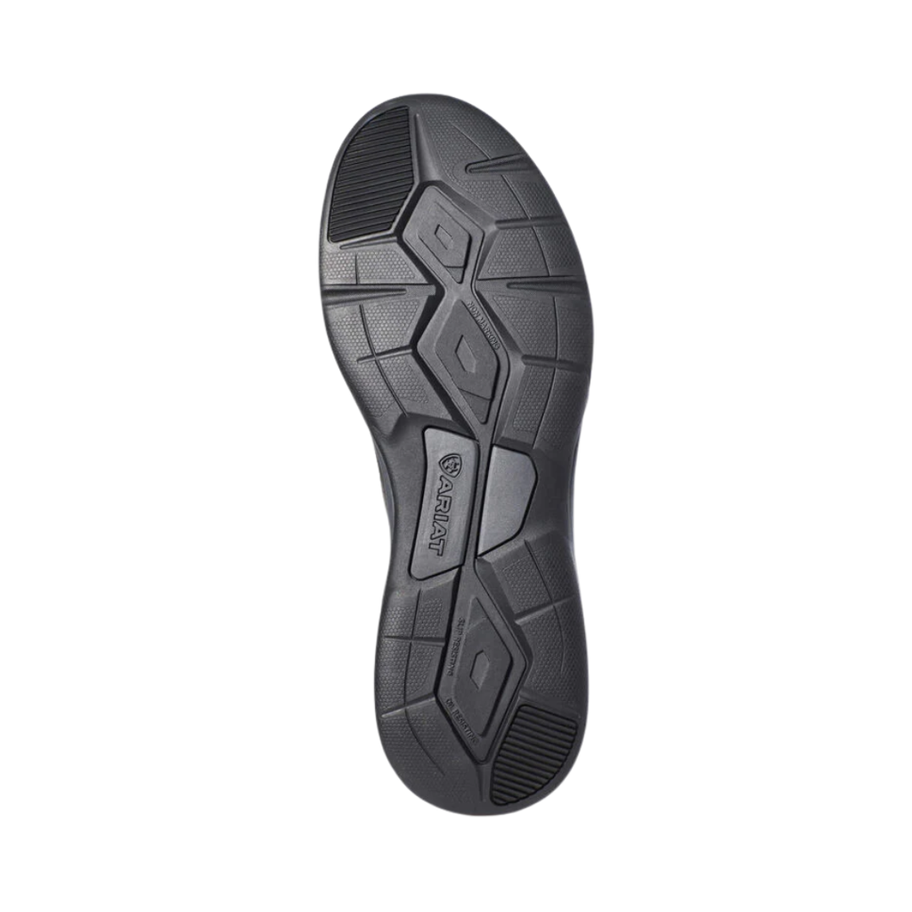 Ariat Men’s Working Mile Composite Toe Safety Shoe in Black bottom view featuring the oil- and slip-resistant outsole with durable traction pattern engineered to provide reliable grip, static dissipation protection, stability, and confidence across a variety of workplace surfaces.