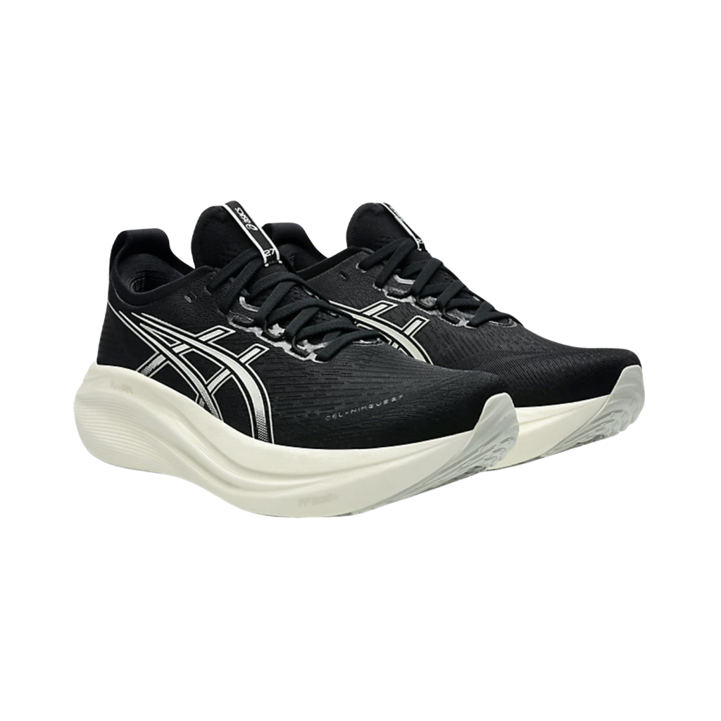 ASICS Men’s Gel-Nimbus 27 in Black/Lake Grey side view showcasing the breathable engineered mesh upper, PureGEL™ technology, FF BLAST™ PLUS ECO cushioning, maximum cushioning platform, and durable AHAR™ outsole rubber designed for plush comfort, shock absorption, and smooth everyday running performance.