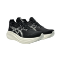 ASICS Men’s Gel-Nimbus 27 in Black/Lake Grey side view showcasing the breathable engineered mesh upper, PureGEL™ technology, FF BLAST™ PLUS ECO cushioning, maximum cushioning platform, and durable AHAR™ outsole rubber designed for plush comfort, shock absorption, and smooth everyday running performance.