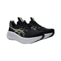 Side view of the Men's ASICS Gel-Nimbus 28 in Black/Feather Grey, featuring an engineered knit upper, FF BLAST™ PLUS cushioning, PureGEL™ technology, and HYBRID ASICSGRIP™ outsole for a smooth, cushioned ride.