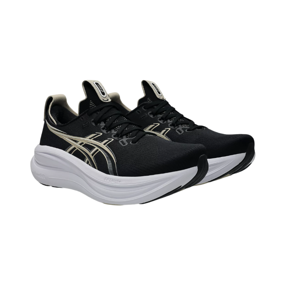Side view of the Men's ASICS Gel-Nimbus 28 in Black/Feather Grey, featuring an engineered knit upper, FF BLAST™ PLUS cushioning, PureGEL™ technology, and HYBRID ASICSGRIP™ outsole for a smooth, cushioned ride.
