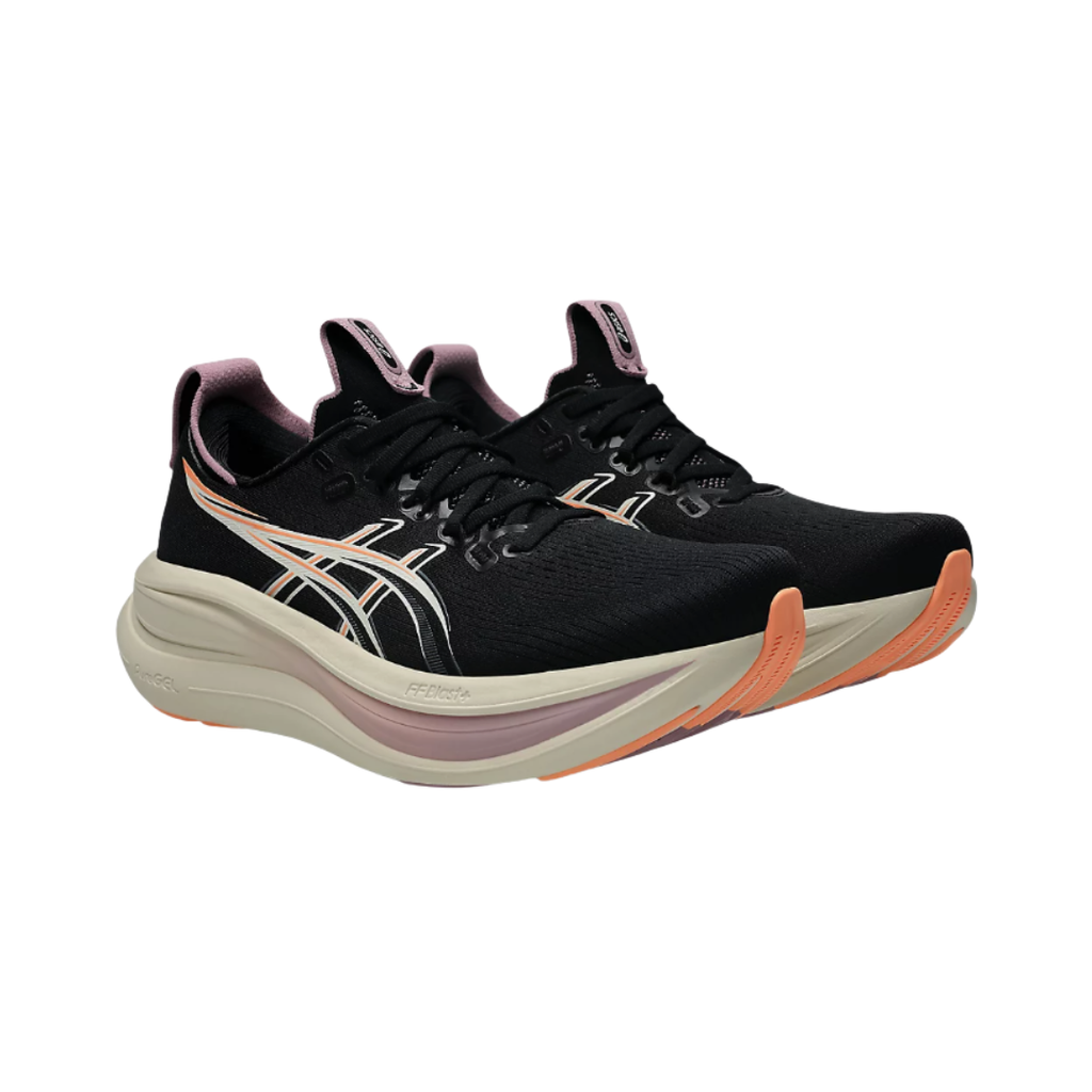 Side view of the Women's ASICS Gel-Nimbus 28 in Black/Taro Purple, featuring an engineered knit upper, FF BLAST™ PLUS cushioning, PureGEL™ technology, and HYBRID ASICSGRIP™ outsole for a smooth, cushioned ride.