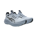 Side view of the Men's ASICS Gel-Nimbus 28 in Grey Blue/Black, featuring an engineered knit upper, FF BLAST™ PLUS cushioning, PureGEL™ technology, and HYBRID ASICSGRIP™ outsole for a smooth, cushioned ride.
