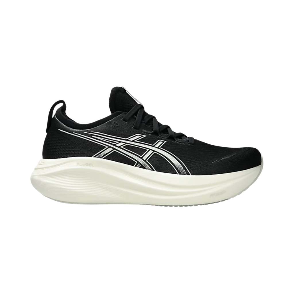 ASICS Men’s Gel-Nimbus 27 in Black/Lake Grey side view showcasing the breathable engineered mesh upper, PureGEL™ technology, FF BLAST™ PLUS ECO cushioning, maximum cushioning platform, and durable AHAR™ outsole rubber designed for plush comfort, shock absorption, and smooth everyday running performance.