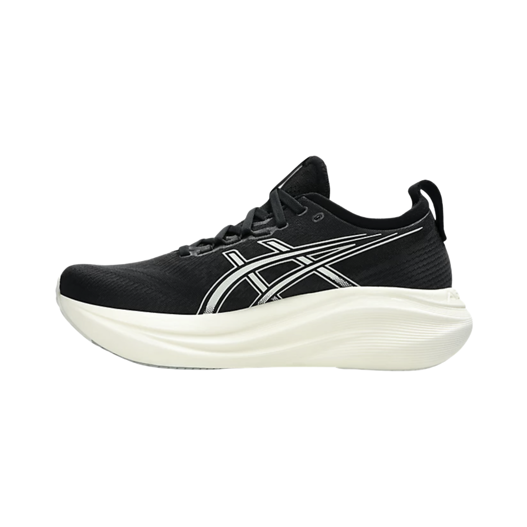 ASICS Men’s Gel-Nimbus 27 in Black/Lake Grey side view showcasing the breathable engineered mesh upper, PureGEL™ technology, FF BLAST™ PLUS ECO cushioning, maximum cushioning platform, and durable AHAR™ outsole rubber designed for plush comfort, shock absorption, and smooth everyday running performance.