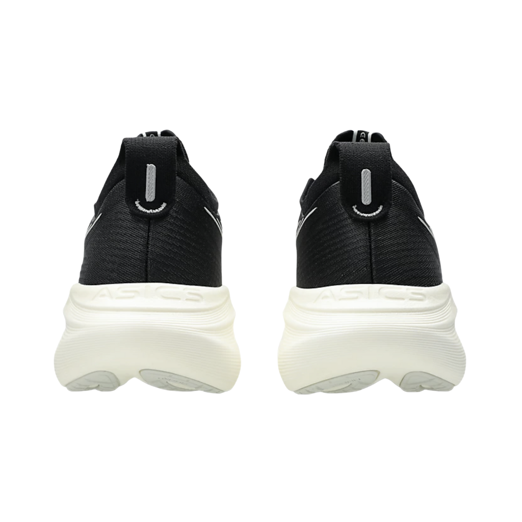 ASICS Men’s Gel-Nimbus 27 in Black/Lake Grey rear heel view displaying the PureGEL™ cushioned heel technology, supportive heel counter, padded collar, and durable AHAR™ outsole rubber reinforcement designed to absorb impact, improve stability, and provide lasting wear.