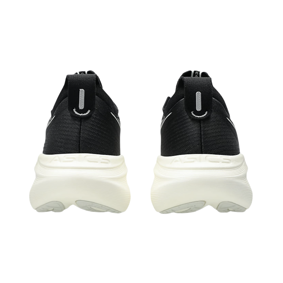 ASICS Men’s Gel-Nimbus 27 in Black/Lake Grey rear heel view displaying the PureGEL™ cushioned heel technology, supportive heel counter, padded collar, and durable AHAR™ outsole rubber reinforcement designed to absorb impact, improve stability, and provide lasting wear.