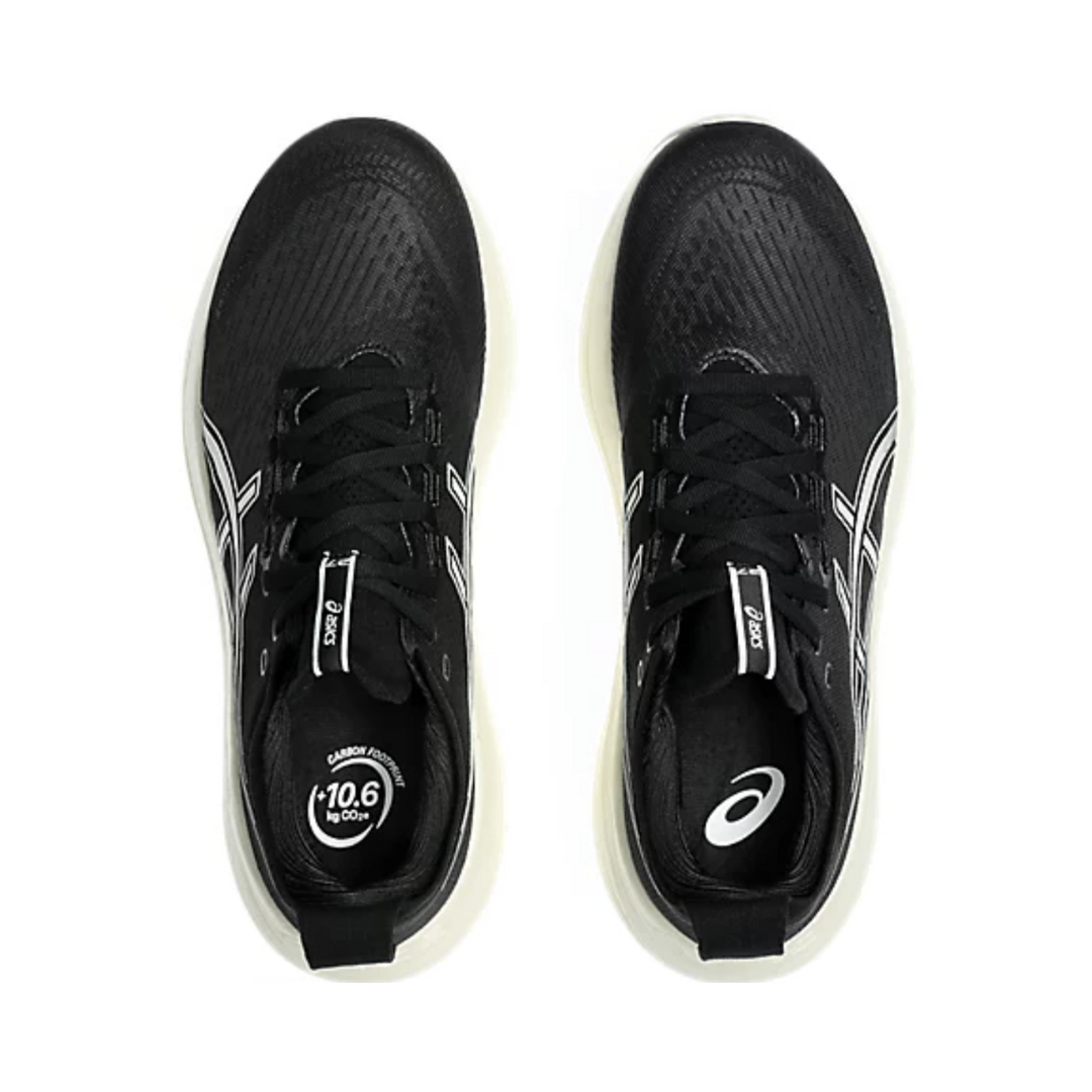ASICS Men’s Gel-Nimbus 27 in Black/Lake Grey top view showcasing the engineered mesh upper, adjustable lace system, padded tongue and collar, OrthoLite™ X-55 sockliner, and comfortable interior designed for breathability, moisture management, and a secure adaptive fit.