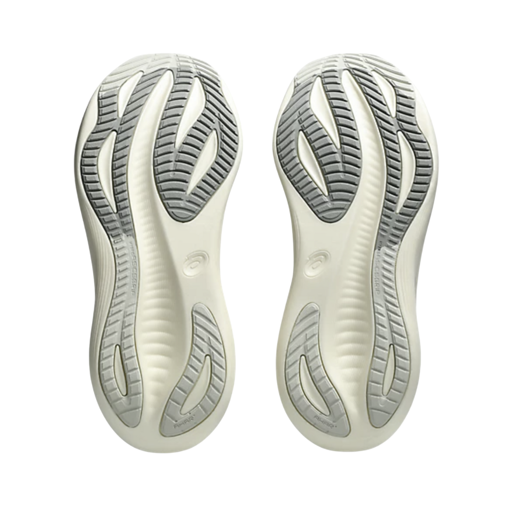 ASICS Men’s Gel-Nimbus 27 in Black/Lake Grey bottom view featuring the durable AHAR™ outsole rubber with traction pattern engineered to provide reliable grip, flexibility, and long-lasting performance while supporting smooth transitions during running, walking, and extended wear.