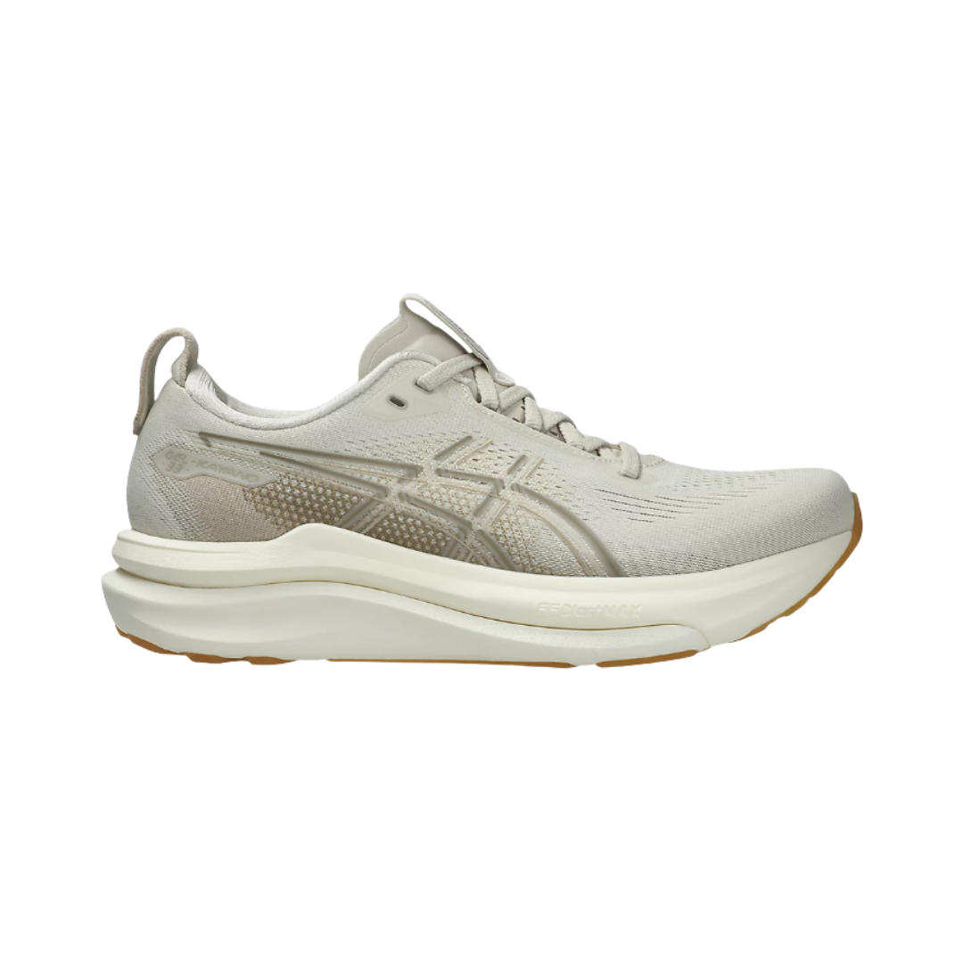 Side view of the Women's ASICS Gel-Kayano 33 in Oatmeal/Cream, featuring a breathable engineered mesh upper, FF BLAST™ MAX and FF BLAST™ PLUSH cushioning, FLUIDSUPPORT™ technology, and a durable HYBRID ASICSGRIP™ outsole.