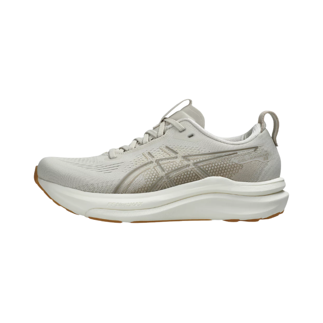 Side view of the Women's ASICS Gel-Kayano 33 in Oatmeal/Cream, featuring a breathable engineered mesh upper, FF BLAST™ MAX and FF BLAST™ PLUSH cushioning, FLUIDSUPPORT™ technology, and a durable HYBRID ASICSGRIP™ outsole.
