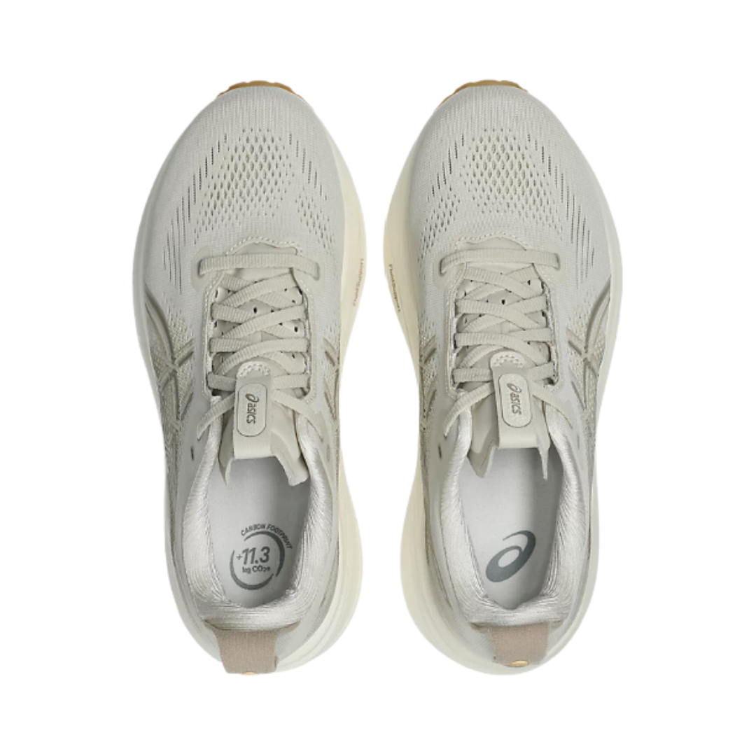 Top view of the Women's ASICS Gel-Kayano 33 in Oatmeal/Cream, displaying the breathable engineered mesh upper, secure lace-up closure, and OrthoLite™ X-30 sockliner for step-in comfort and moisture management.