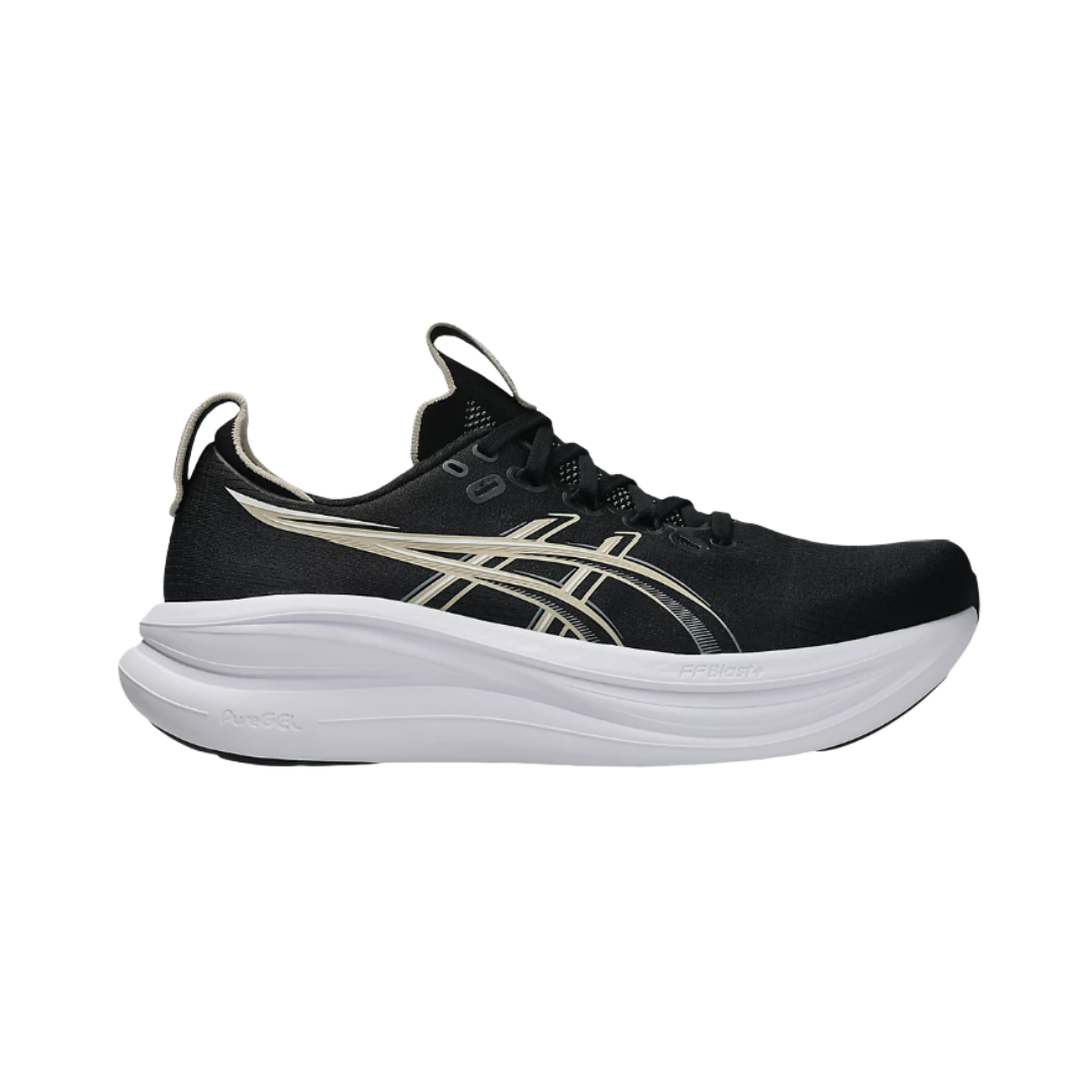 Side view of the Men's ASICS Gel-Nimbus 28 in Black/Feather Grey, featuring an engineered knit upper, FF BLAST™ PLUS cushioning, PureGEL™ technology, and HYBRID ASICSGRIP™ outsole for a smooth, cushioned ride.