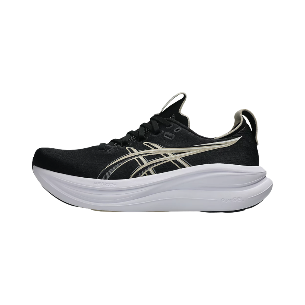 Side view of the Men's ASICS Gel-Nimbus 28 in Black/Feather Grey, featuring an engineered knit upper, FF BLAST™ PLUS cushioning, PureGEL™ technology, and HYBRID ASICSGRIP™ outsole for a smooth, cushioned ride.