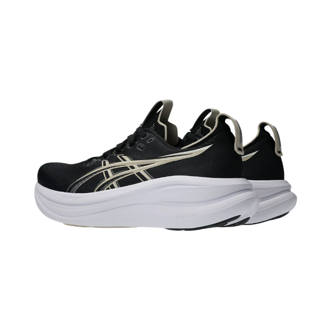 Heel view of the Men's ASICS Gel-Nimbus 28 in Black/Feather Grey, highlighting the cushioned heel construction, supportive fit, and reflective details designed to improve visibility in low-light conditions.