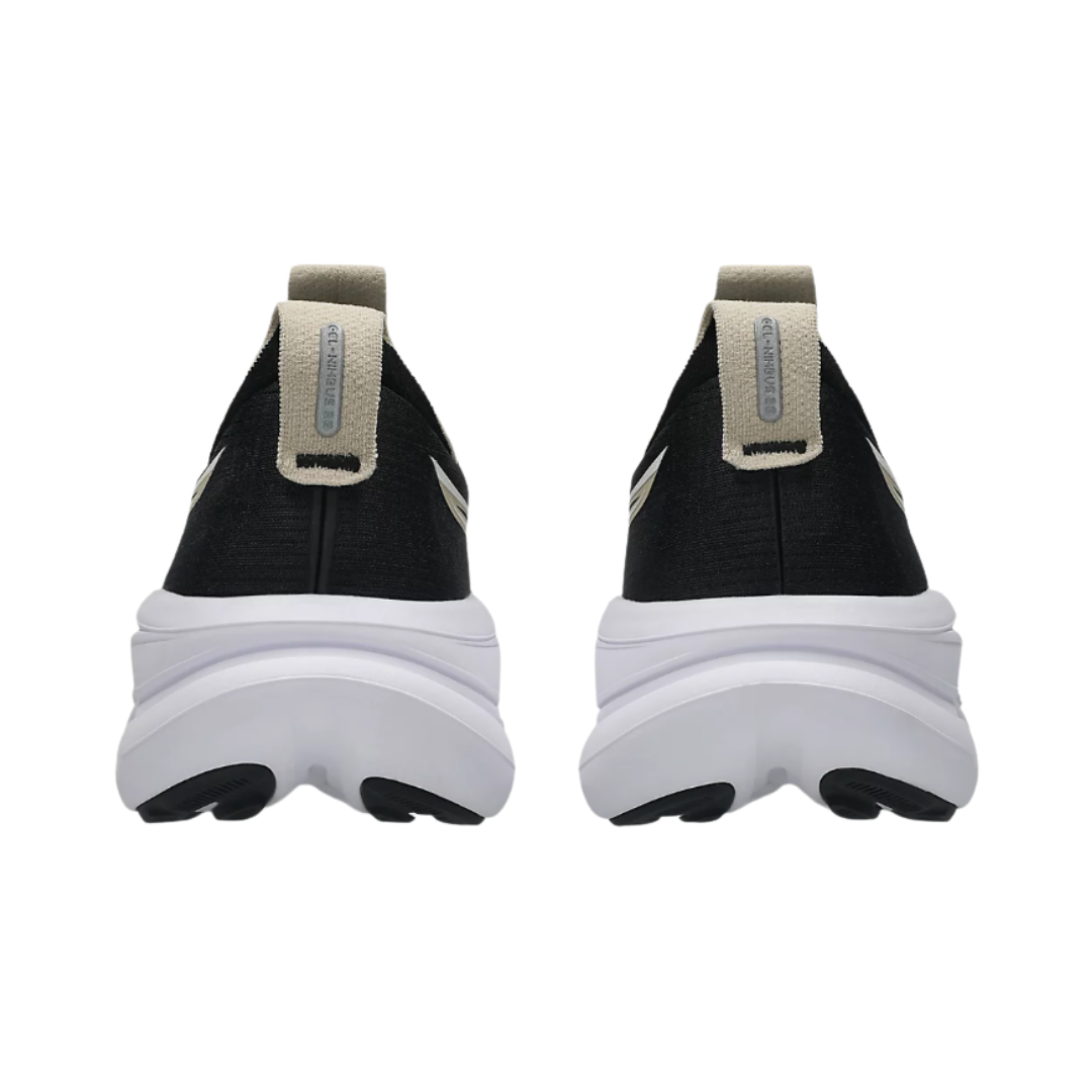 Heel view of the Men's ASICS Gel-Nimbus 28 in Black/Feather Grey, highlighting the cushioned heel construction, supportive fit, and reflective details designed to improve visibility in low-light conditions.