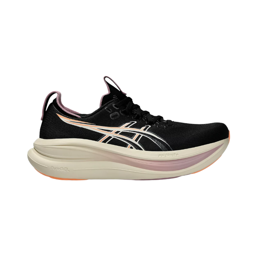 Side view of the Women's ASICS Gel-Nimbus 28 in Black/Taro Purple, featuring an engineered knit upper, FF BLAST™ PLUS cushioning, PureGEL™ technology, and HYBRID ASICSGRIP™ outsole for a smooth, cushioned ride.