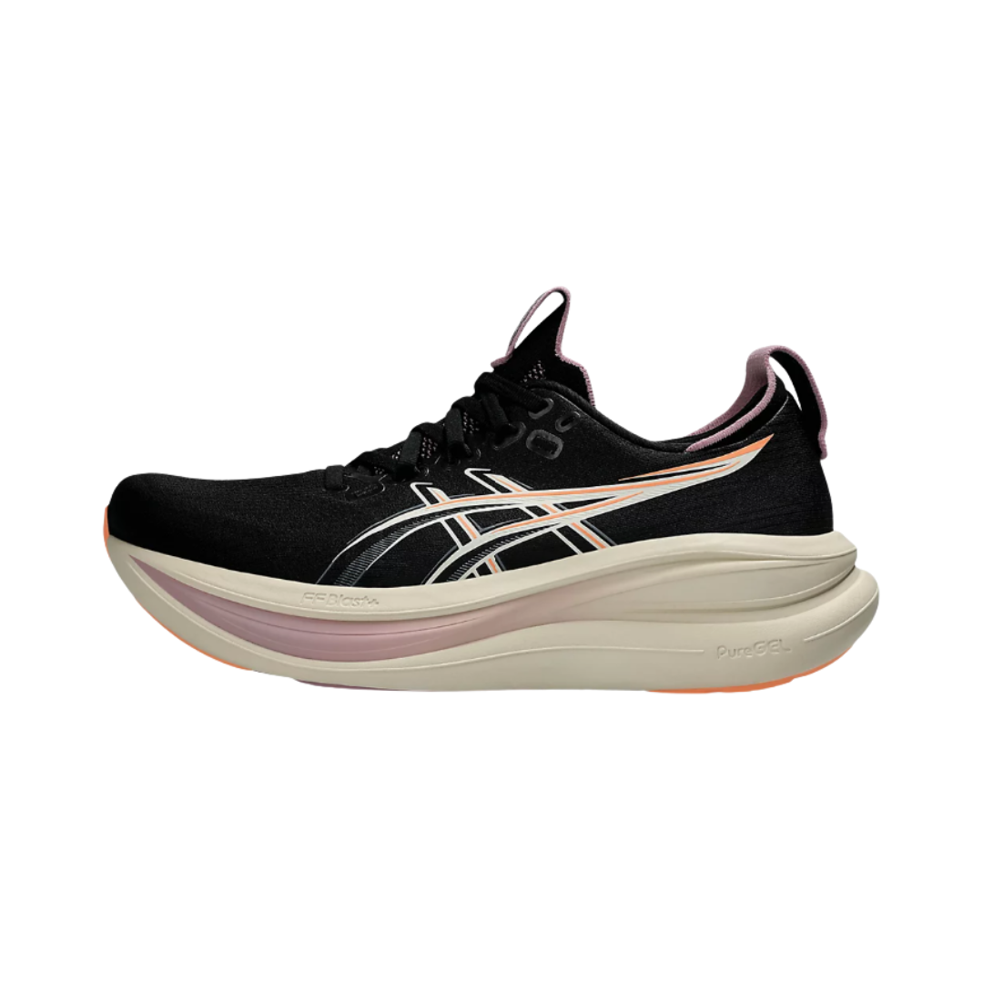 Side view of the Women's ASICS Gel-Nimbus 28 in Black/Taro Purple, featuring an engineered knit upper, FF BLAST™ PLUS cushioning, PureGEL™ technology, and HYBRID ASICSGRIP™ outsole for a smooth, cushioned ride.