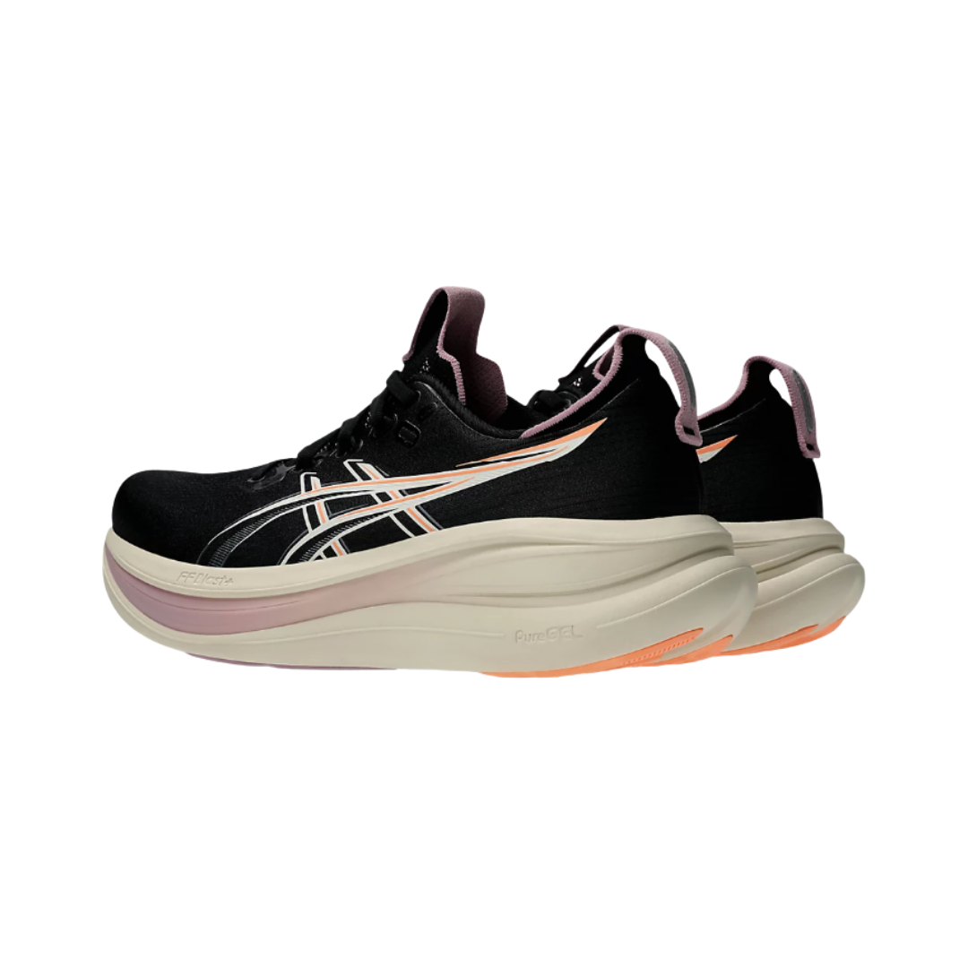 Heel view of the Women's ASICS Gel-Nimbus 28 in Black/Taro Purple, highlighting the cushioned heel construction, supportive fit, and reflective details designed to improve visibility in low-light conditions.