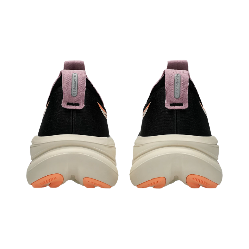 Heel view of the Women's ASICS Gel-Nimbus 28 in Black/Taro Purple, highlighting the cushioned heel construction, supportive fit, and reflective details designed to improve visibility in low-light conditions.
