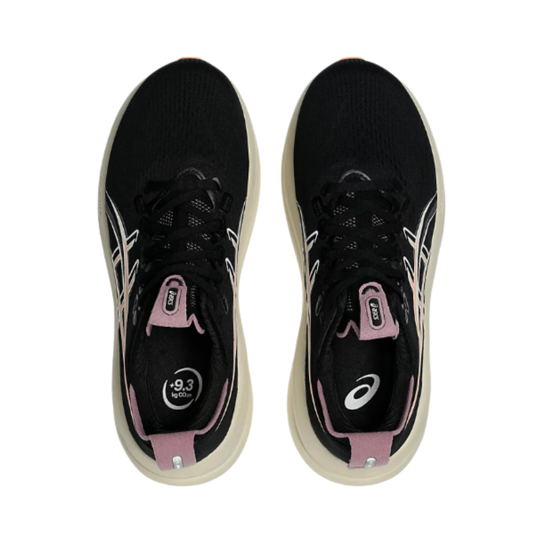 Top view of the Women's ASICS Gel-Nimbus 28 in Black/Taro Purple, displaying the flexible engineered knit upper, secure lace-up closure, and OrthoLite™ X-55 sockliner for step-in comfort and moisture management.