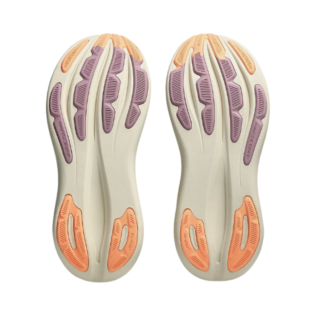 Bottom view of the Women's ASICS Gel-Nimbus 28 in Black/Taro Purple, featuring the HYBRID ASICSGRIP™ rubber outsole designed to deliver durable traction, flexibility, and reliable performance across varied surfaces.