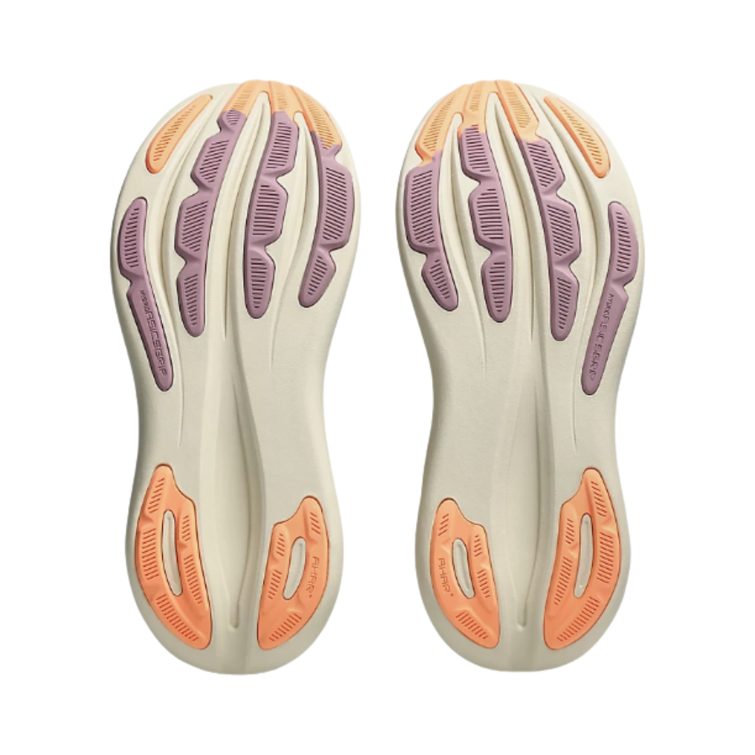 Bottom view of the Women's ASICS Gel-Nimbus 28 in Black/Taro Purple, featuring the HYBRID ASICSGRIP™ rubber outsole designed to deliver durable traction, flexibility, and reliable performance across varied surfaces.