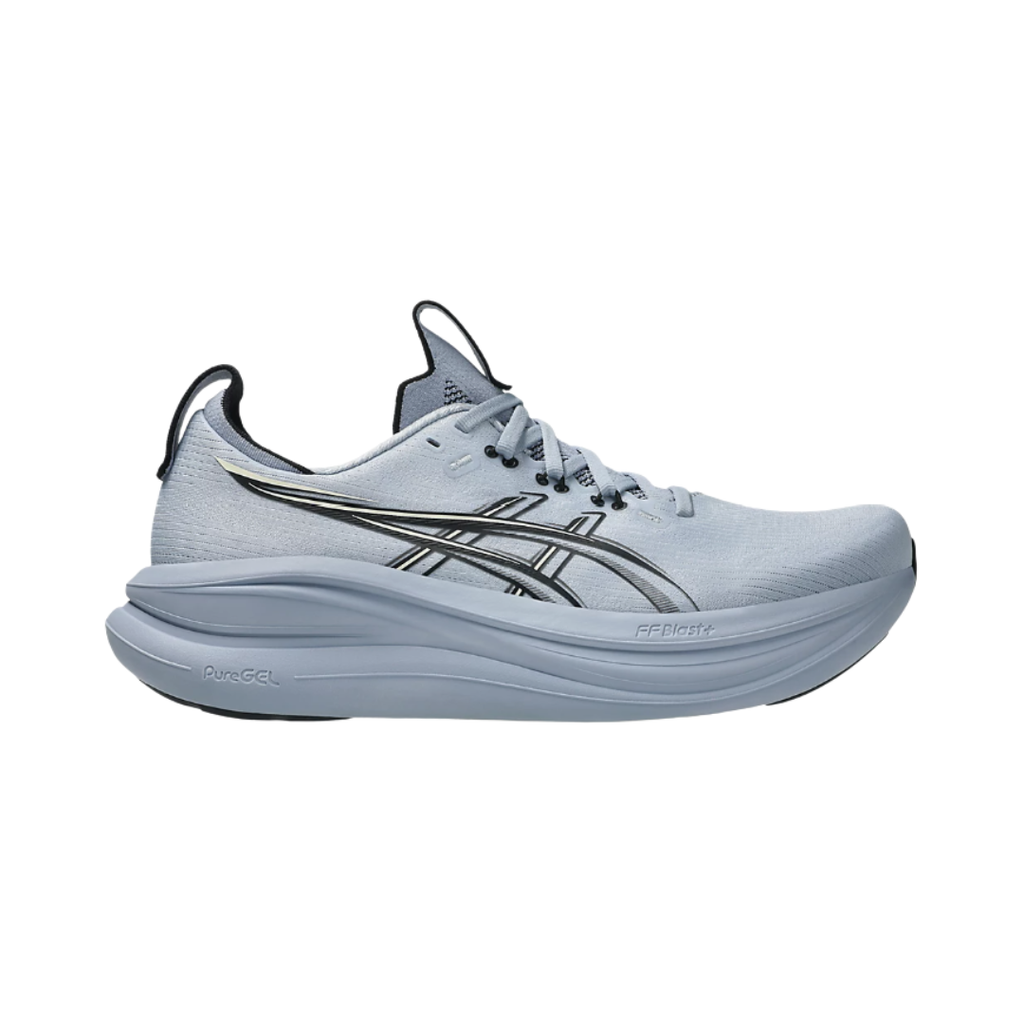 Side view of the Men's ASICS Gel-Nimbus 28 in Grey Blue/Black, featuring an engineered knit upper, FF BLAST™ PLUS cushioning, PureGEL™ technology, and HYBRID ASICSGRIP™ outsole for a smooth, cushioned ride.