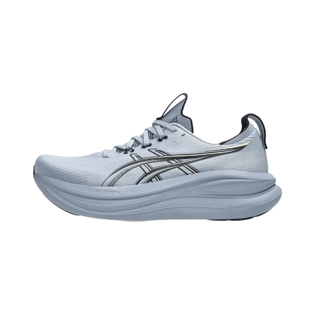 Side view of the Men's ASICS Gel-Nimbus 28 in Grey Blue/Black, featuring an engineered knit upper, FF BLAST™ PLUS cushioning, PureGEL™ technology, and HYBRID ASICSGRIP™ outsole for a smooth, cushioned ride.