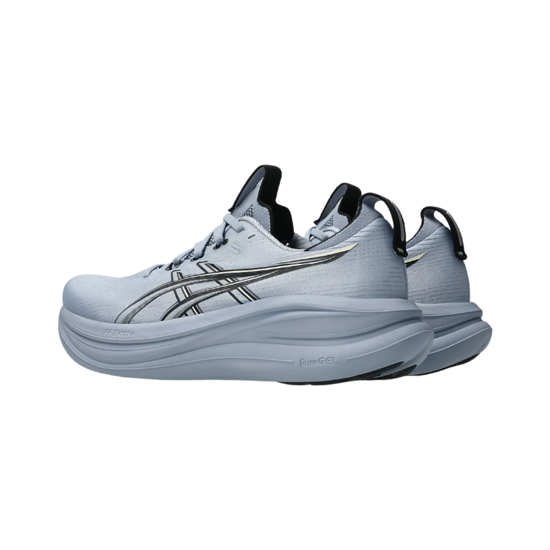 Heel view of the Men's ASICS Gel-Nimbus 28 in Grey Blue/Black, highlighting the cushioned heel construction, supportive fit, and reflective details designed to improve visibility in low-light conditions.