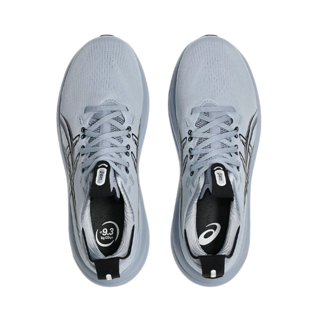 Top view of the Men's ASICS Gel-Nimbus 28 in Grey Blue/Black, displaying the flexible engineered knit upper, secure lace-up closure, and OrthoLite™ X-55 sockliner for step-in comfort and moisture management.