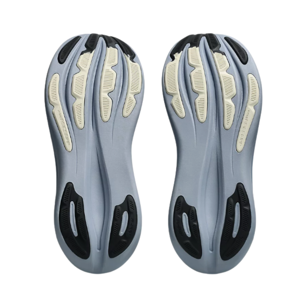 Bottom view of the Men's ASICS Gel-Nimbus 28 in Blue Grey/Black, featuring the HYBRID ASICSGRIP™ rubber outsole designed to deliver durable traction, flexibility, and reliable performance across varied surfaces.